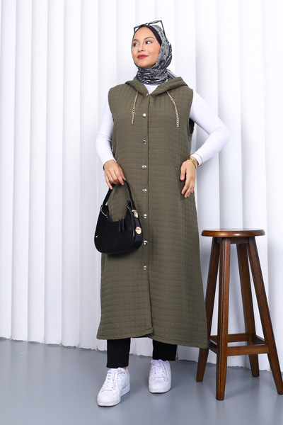 İmajButik Khaki Hooded Quilted Long Vest