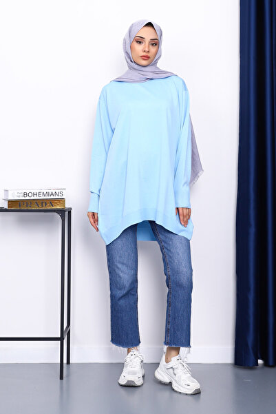 İmajButik Baby Blue Crew Neck Mercerized Cold Yarn Tunic