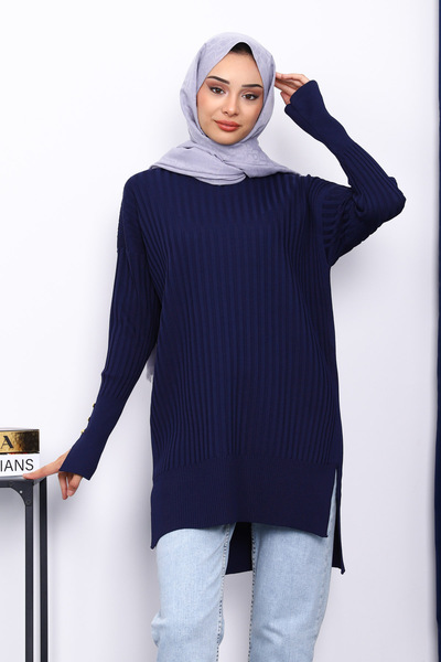 İmajButik Navy Blue Short Front Long Back Knit Tunic