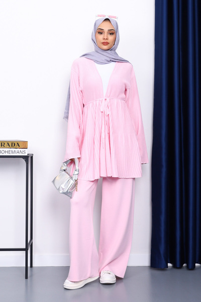 İmajButik Powder Pink Waist Belted Cardigan Trouser Set