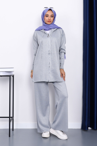 İmajButik Gray Hooded Glitter Knitwear Set