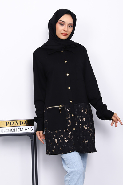 İmajButik Black Quilted Garnished Pocket Jacket