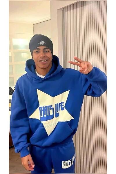 CLASSY.MODA Унісекс 3-нитковий спортивний костюм з капюшоном і кишенями-кенгуру з принтом зірок і написом