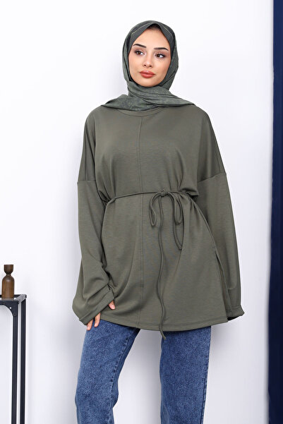 İmajButik Khaki Tunic with Slits on the Sides and Drawstring Waist