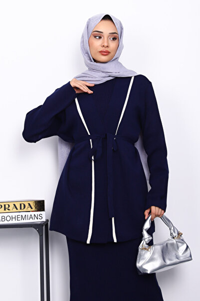 İmajButik Συνδυασμός Πλεκτό Μπλε Μπλε Ζακέτα και Διπλό Φόρεμα