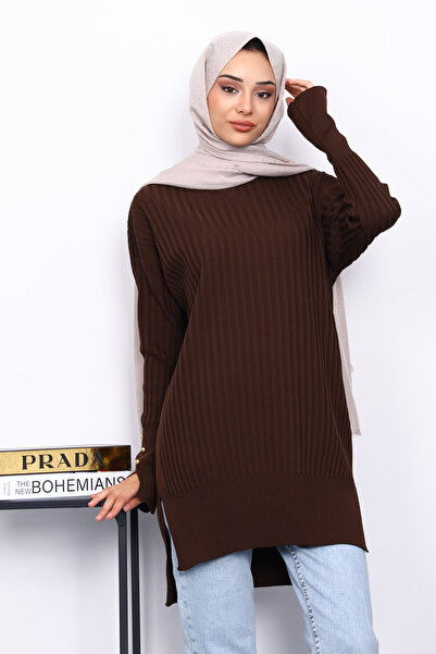 İmajButik Καφέ πλεκτό τουνίκ με κοντό μπροστινό μέρος και μακρύ πίσω μέρος