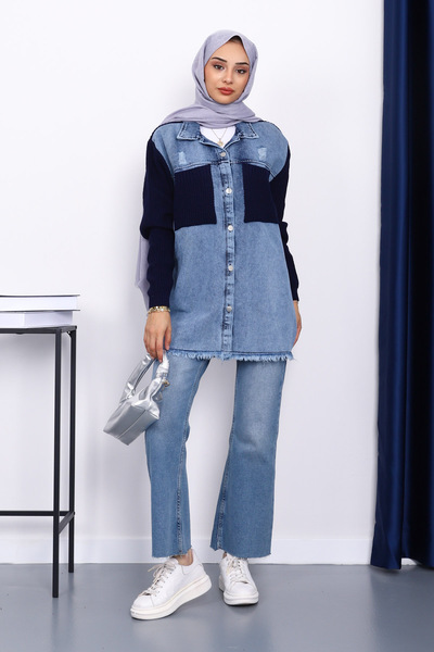 İmajButik Navy Blue Denim Garnished Knitwear Cardigan