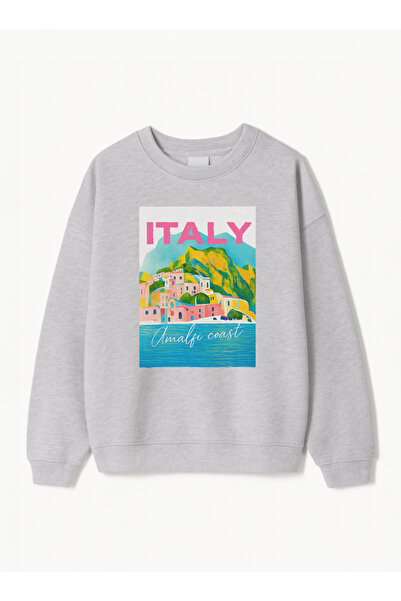 Disante سويت شيرت نسائي كبير الحجم مطبوع عليه إيطاليا – ياقة دائرية، 3 خيوط م...