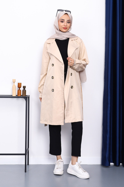 İmajButik Beige Double Breasted Collar Trench Coat