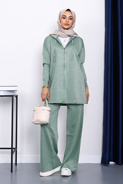İmajButik Green Hooded Glitter Knitwear Set