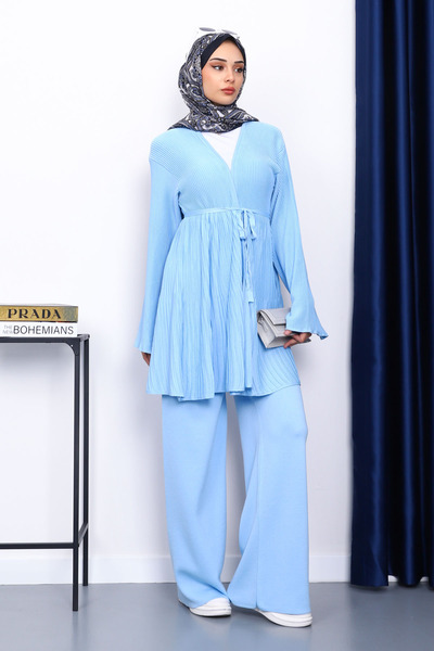 İmajButik Baby Blue Belted Cardigan Pants Set