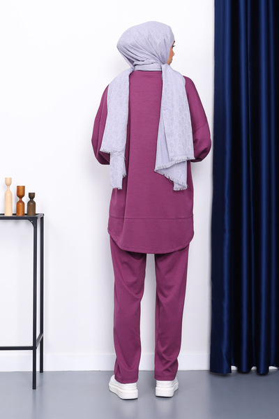 İmajButik Mürdüm Bisiklet Yaka Tunik Pantolonlu Takım