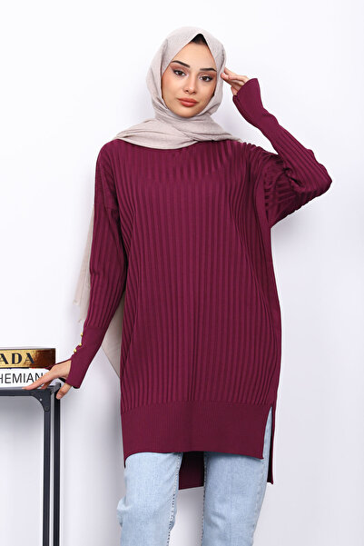 İmajButik Plum-Colored Knit Tunic with a Short Front and Long Back.