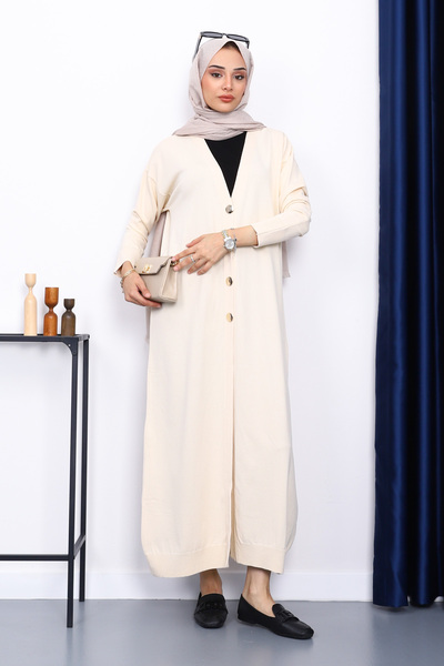 İmajButik Beige V-Neck Mercerized Cardigan
