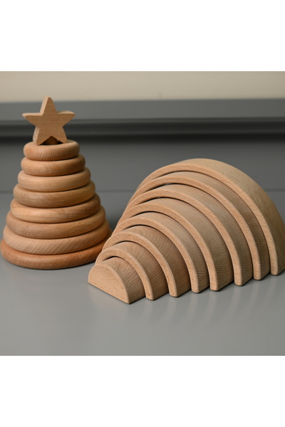 Zyt Tasarım لعبة خشبية مونتيسوري برج حلقي من 8 قطع مع 8 ألوان قوس قزح