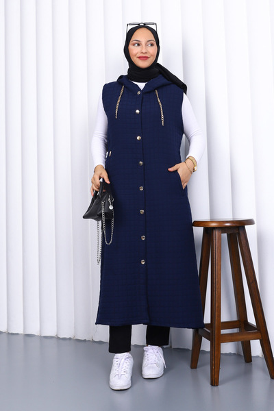 İmajButik Navy Blue Hooded Quilted Long Vest