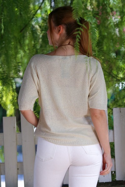 Chiccy Cream V-Neck 3/4 Sleeve Slim Back Long Crop Fit Knitwear Blouse 50 60