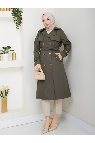 Vibeys Collection Women's Lined Trench Coat with Button Detail on the Back