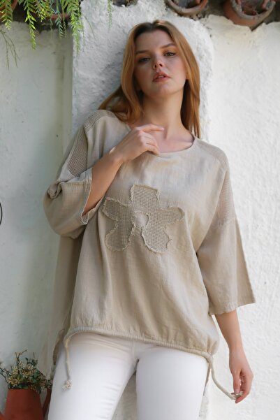 Chiccy Μπλούζα από οργανικό βαμβάκι μπεζ με λαιμόκοψη 3/4 μανίκια με διχτυωτή λεπτομέρεια και απλικέ στο πίσω μέρος, μακριά υφαντή μπλούζα oversize 70 68