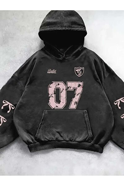 Touz Moda Yıkamalı 07 Retro Baskılı Vintage Kapüşonlu Sweatshirt