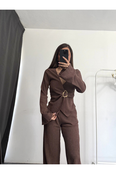 nona butik Double-Breasted Buckle Suit - Brown