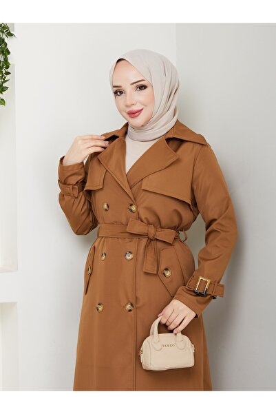 Vibeys Collection Women's Lined Trench Coat with Button Detail on the Back
