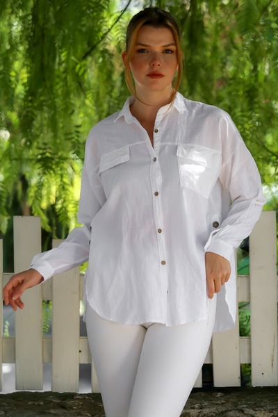 Chiccy Organic Cotton White Shirt Collar Long Sleeve Double Flap Pocket Long Woven Back Shirt 70 65