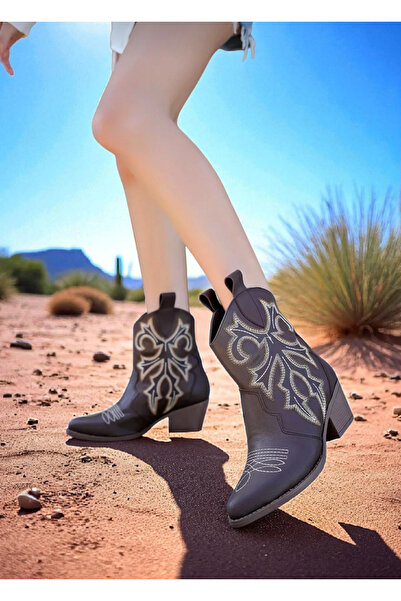 Adesso Store Kadın Kovboy Tarzı Nakışlı Deri Bot – Western Çizme