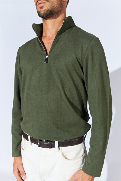 Manche Yarım Fermuarlı Balıkçı Yaka Sweatshirt - Haki | MEW224831-01