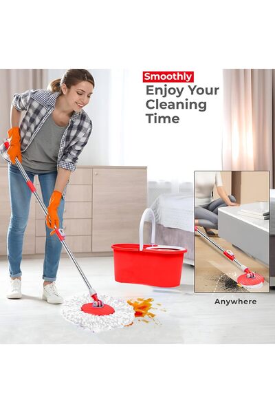 BUNCA Easy Wring and Clean Spin Mop and Bucket Set, Floor Mop with Spin Wringer and Microfiber Head, Red