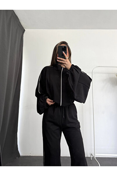 nona butik Haley Striped Tracksuit Set - Black