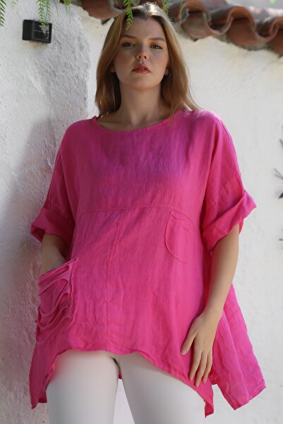 Chiccy Италианска фуксия с деколте, джоб, пране, лен, асиметрична, прекалено голяма, тъкана блуза 75 65