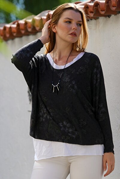 Chiccy Italian Dark Anthracite Pool Neck Long Sleeve Patterned Thin Two-Piece Set Sleeveless Combed Cotton Knitwear Blouse 70 60