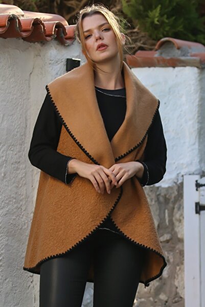 Chiccy Italian Tan Shawl Collar Sleeveless No Closure No Pockets Shepherd Stitching Cashmere Oversized Woven Vest 70 70