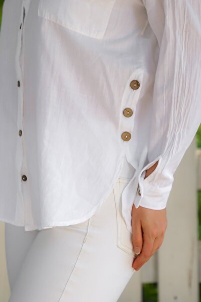 Chiccy Organic Cotton White Shirt Collar Long Sleeve Double Flap Pocket Long Woven Back Shirt 70 65