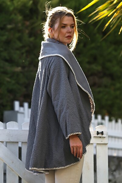 Chiccy Italian Dark Gray Shawl Collar Long Sleeve Unlined Shepherd Stitch Oversized Woven Jacket 77 66