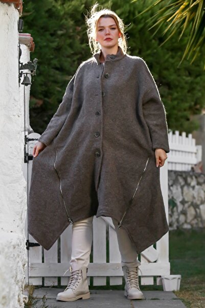 Chiccy Italian Anthracite Judge Collar Long Sleeve Zippered Hidden Pocket Cashmere Oversize Woven Coat 105 70