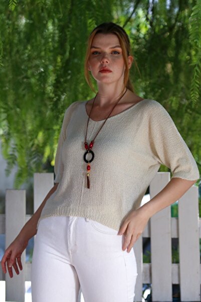 Chiccy Cream V-Neck 3/4 Sleeve Slim Back Long Crop Fit Knitwear Blouse 50 60