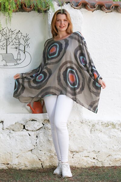 Chiccy Italian Mink Pool Collar Batwing Sleeve Geometric Patterned Linen Oversize Woven Tunic 80 120