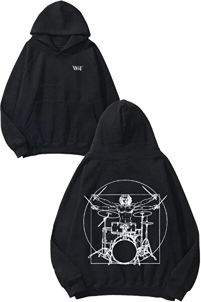 THEWERT Bateri Drum Music 2 Design Back Printed Black Hooded Sweatshirt