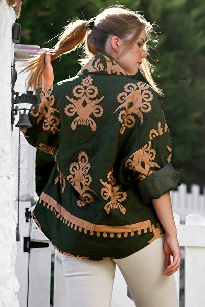 Chiccy Italian Green Shawl Collar Long Sleeve Patterned Pocket Quilted Back Long Woven Jacket 70 66