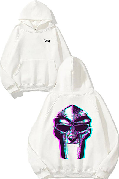 THEWERT Hanorac alb cu glugă cu imprimeu pe spate Mf Doom 6 Design