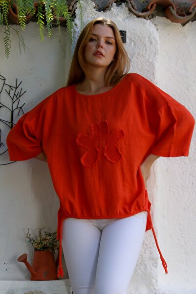 Chiccy Organic Cotton Pomegranate Blossom Pool Collar 3/4 Sleeve Mesh Detailed Applique Back Long Woven Blouse 70 68