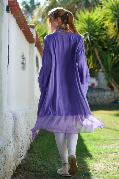 Chiccy Italian Purple Double Breasted Collar Long Sleeve Pocketed Silk Oversize Woven Tunic 95 75