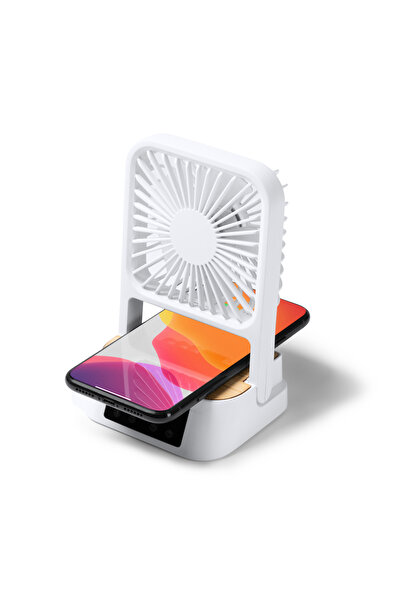 ROLY Desk fan with 3 speeds, clock function and 15W wireless charger.