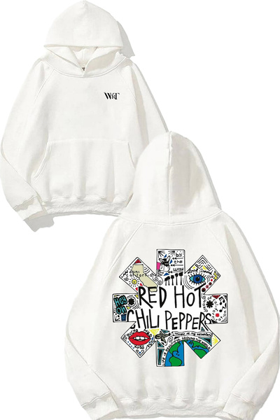 THEWERT Hanorac alb cu glugă cu imprimeu pe spate Red Hot Chili Peppers 8 Design