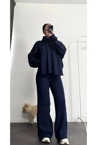 nona butik Shawl Detail Three-Piece Set - Navy Blue
