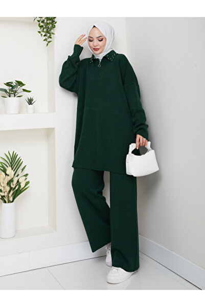 MY QILAM Women's Hijab Set Zippered Pearl Detailed Shirt Collar Knitwear Bottom Top Set Green