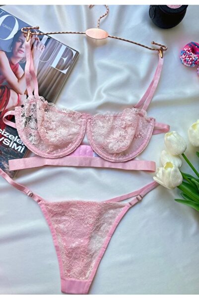 Sia Moda Women's Underwear Set Tulle Lace Underwire Bra Set Pink