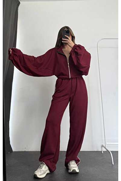 nona butik Haley Striped Tracksuit Set - Burgundy